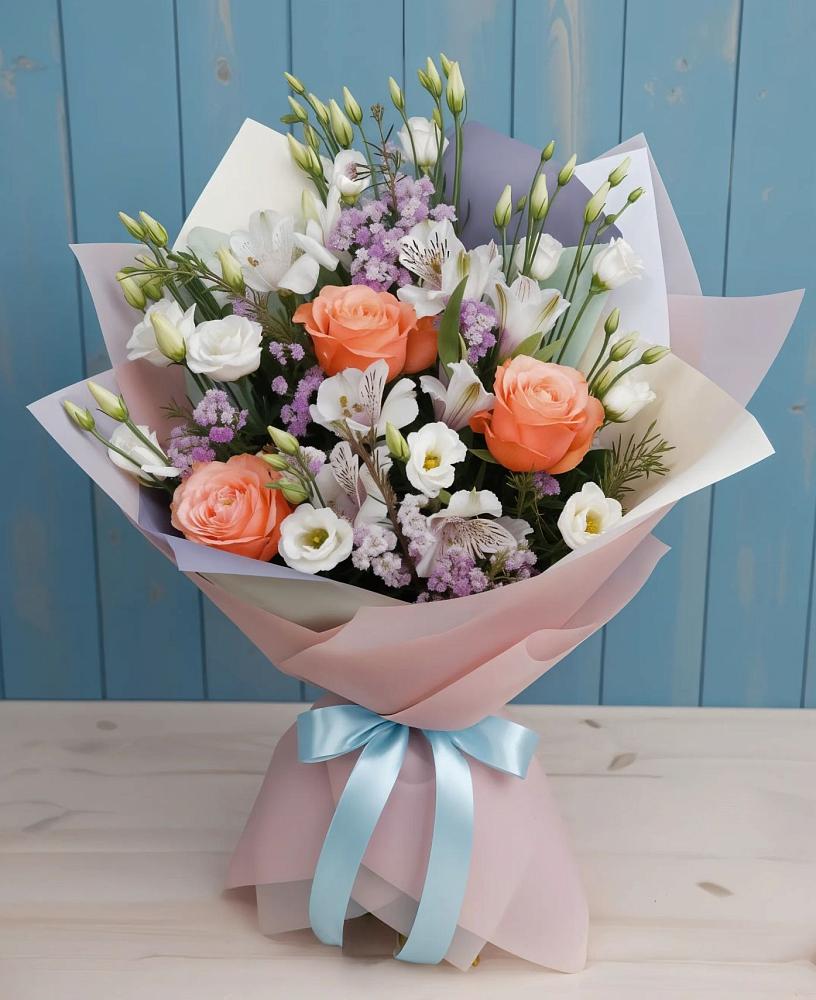 Букет цветов из: Лизиантусы, Розы, Альстромерии и Гипсофила в Мглине